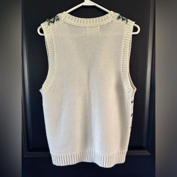 Via La 70’s Knit Button Down Sweater Vest Bone white red green brown Size Medium - Picture 7 of 8